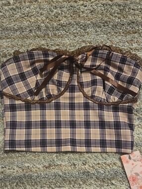 SHEIN Brown and Beige Plaid Lace-Trim Crop Top